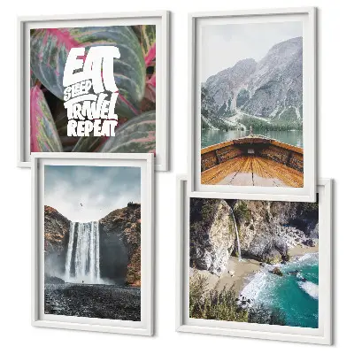 Multi-piece wall art set featuring a mountain waterfall landscape