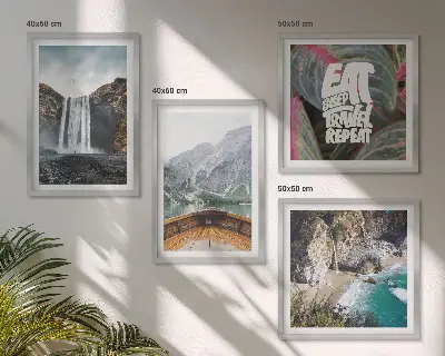 Multi-piece wall art set featuring a mountain waterfall landscape