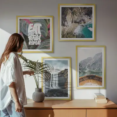 Multi-piece wall art set featuring a mountain waterfall landscape