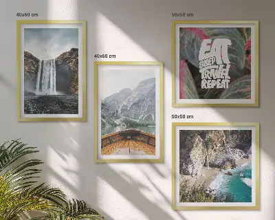 Multi-piece wall art set featuring a mountain waterfall landscape
