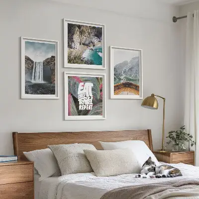 Multi-piece wall art set featuring a mountain waterfall landscape
