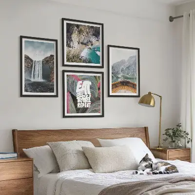 Multi-piece wall art set featuring a mountain waterfall landscape