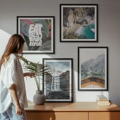 Multi-piece wall art set featuring a mountain waterfall landscape
