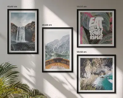Multi-piece wall art set featuring a mountain waterfall landscape