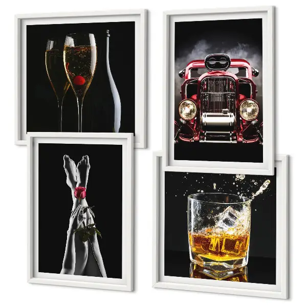 Wall art set featuring women's legs, roses, cars, and wine