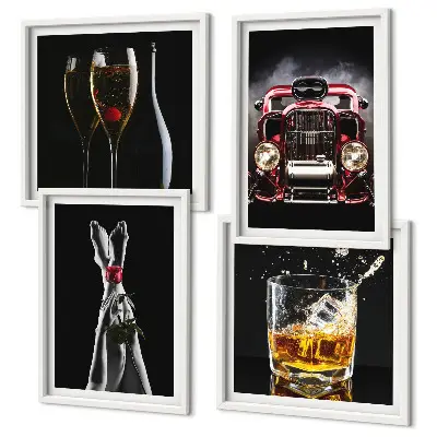 Wall art set featuring women's legs, roses, cars, and wine