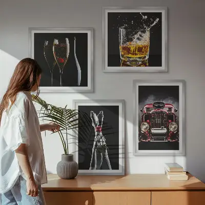 Wall art set featuring women's legs, roses, cars, and wine