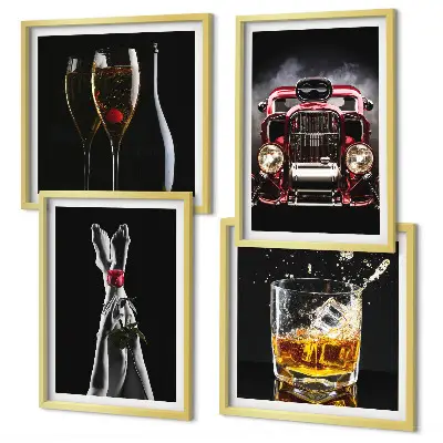 Wall art set featuring women's legs, roses, cars, and wine