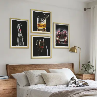 Wall art set featuring women's legs, roses, cars, and wine