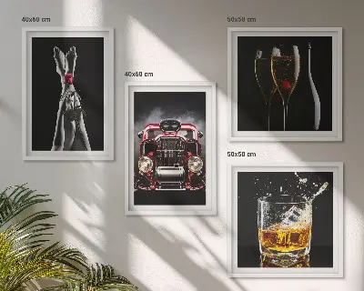 Wall art set featuring women's legs, roses, cars, and wine