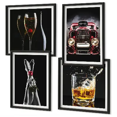 Wall art set featuring women's legs, roses, cars, and wine
