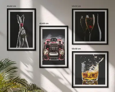 Wall art set featuring women's legs, roses, cars, and wine