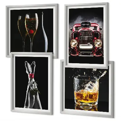 Wall art set featuring women's legs, roses, cars, and wine