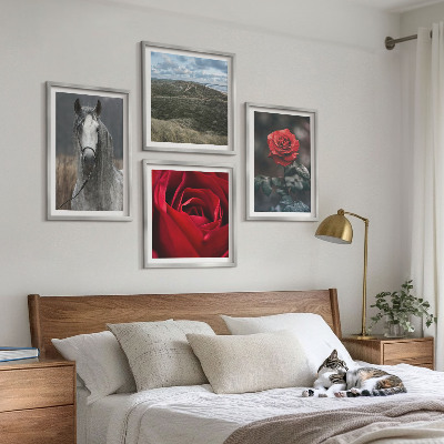 Set of 4 wall art pieces Red roses horse gray background
