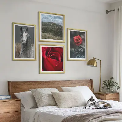 Set of 4 wall art pieces red roses and horse on a gray background