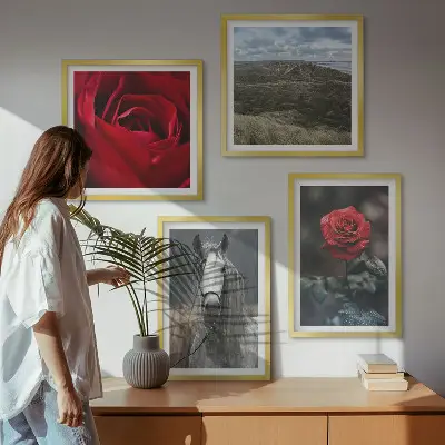 Set of 4 wall art pieces red roses and horse on a gray background