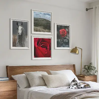 Set of 4 wall art pieces red roses and horse on a gray background