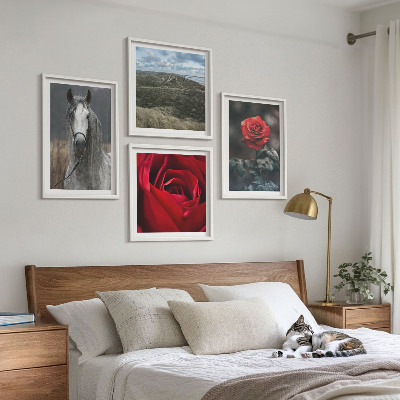 Set of 4 wall art pieces Red roses horse gray background