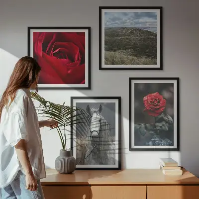 Set of 4 wall art pieces red roses and horse on a gray background