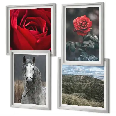 Set of 4 wall art pieces red roses and horse on a gray background