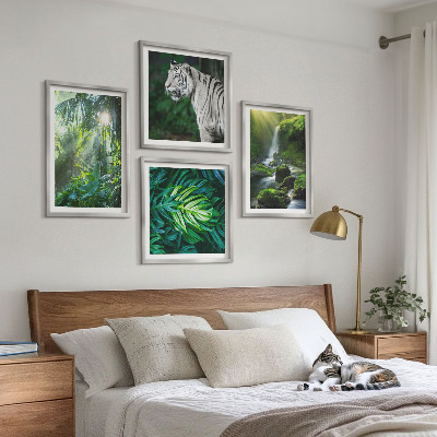 Set of 4 wall art pieces Jungle White Tiger Waterfall