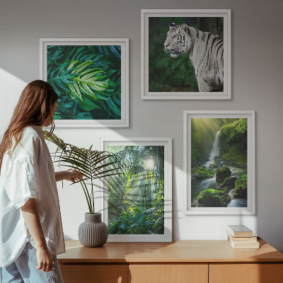 Set of 4 wall art pieces Jungle White Tiger Waterfall