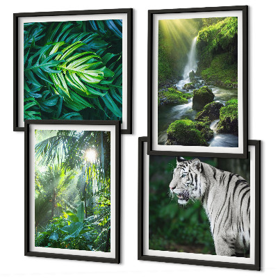 Set of 4 wall art pieces Jungle White Tiger Waterfall