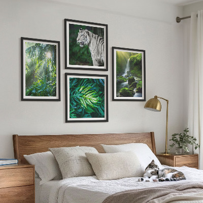 Set of 4 wall art pieces Jungle White Tiger Waterfall