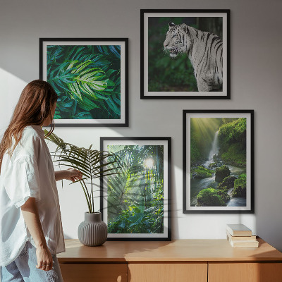 Set of 4 wall art pieces Jungle White Tiger Waterfall