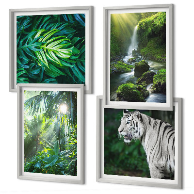 Set of 4 wall art pieces Jungle White Tiger Waterfall