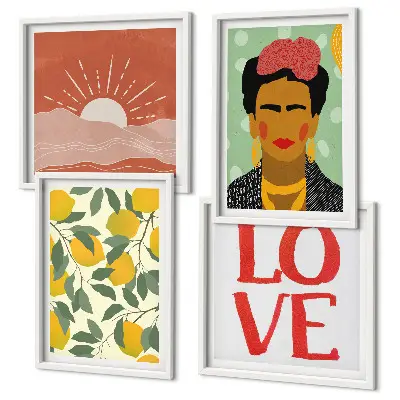 Wall art set featuring lemons, inspirational love quotes, and a Frida Kahlo inspired landscape