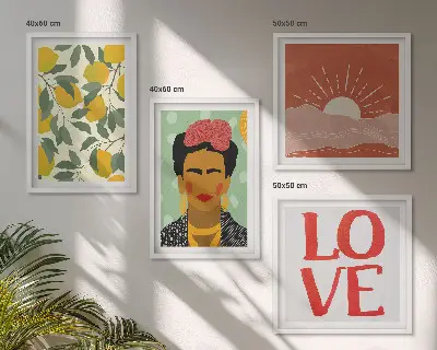 Wall art set featuring lemons, inspirational love quotes, and a Frida Kahlo inspired landscape