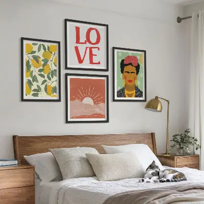Wall art set featuring lemons, inspirational love quotes, and a Frida Kahlo inspired landscape