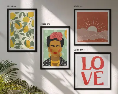 Wall art set featuring lemons, inspirational love quotes, and a Frida Kahlo inspired landscape