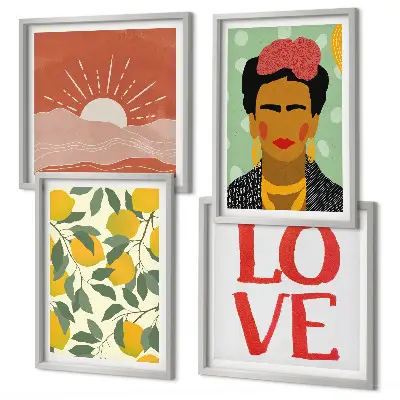 Wall art set featuring lemons, inspirational love quotes, and a Frida Kahlo inspired landscape
