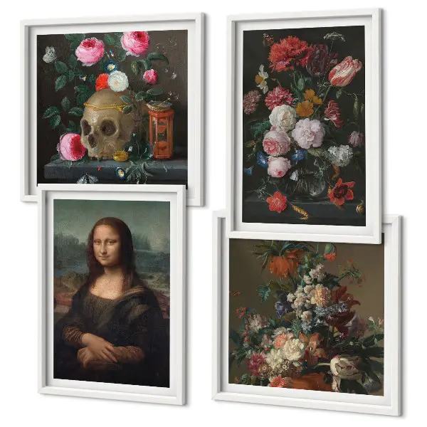 Vintage flowers skull Mona Lisa wall art set of 4 pieces