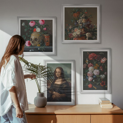 Set of 4 wall art pieces Vintage flowers skull Mona Lisa