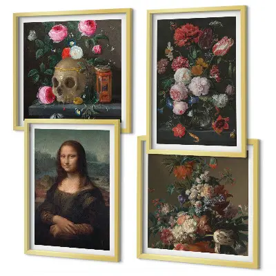 Vintage flowers skull Mona Lisa wall art set of 4 pieces