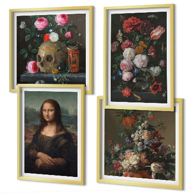 Set of 4 wall art pieces Vintage flowers skull Mona Lisa