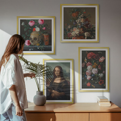 Set of 4 wall art pieces Vintage flowers skull Mona Lisa
