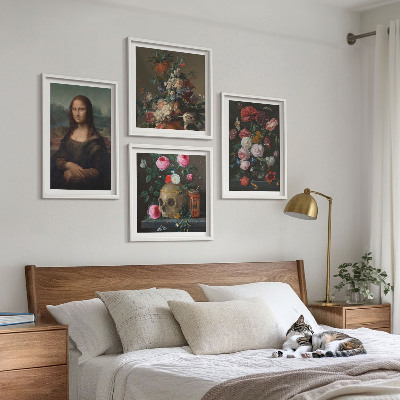 Set of 4 wall art pieces Vintage flowers skull Mona Lisa