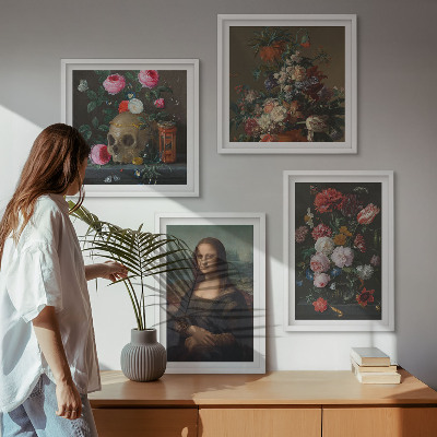 Set of 4 wall art pieces Vintage flowers skull Mona Lisa