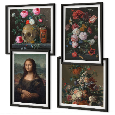 Set of 4 wall art pieces Vintage flowers skull Mona Lisa