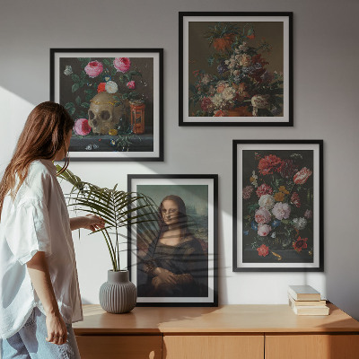 Set of 4 wall art pieces Vintage flowers skull Mona Lisa