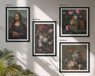 Vintage flowers skull Mona Lisa wall art set of 4 pieces