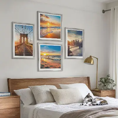 Multi-piece wall decor set featuring bridges and city sunsets