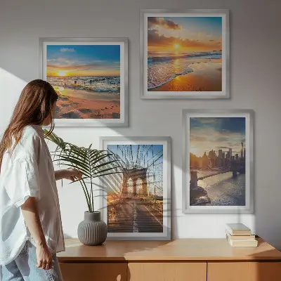 Multi-piece wall decor set featuring bridges and city sunsets