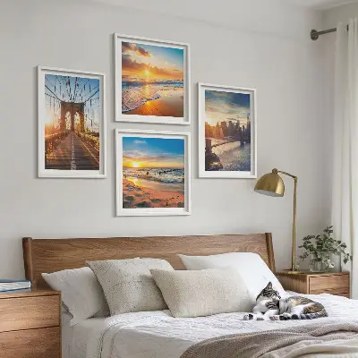 Multi-piece wall decor set featuring bridges and city sunsets
