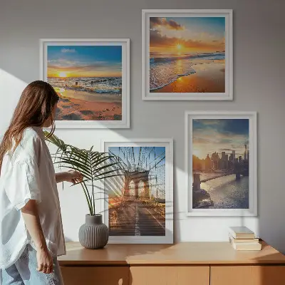 Multi-piece wall decor set featuring bridges and city sunsets