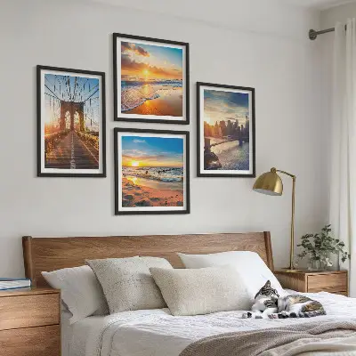 Multi-piece wall decor set featuring bridges and city sunsets